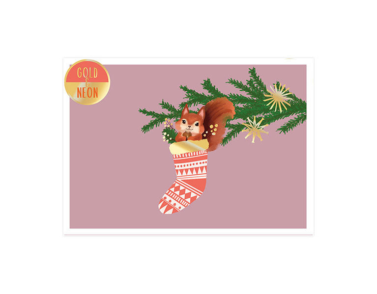 Eichhörnchen Weihnachtssocke | Neon Postkarte | Weihnachten